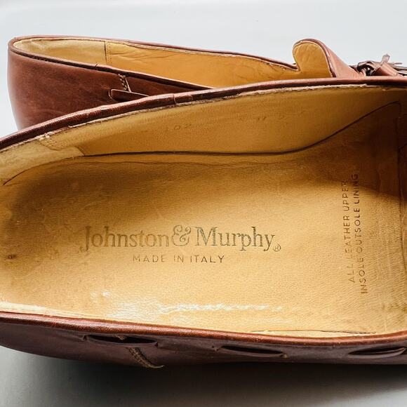 Johnston & Murphy Shoes Men 9 Brown Leather Kiltie Tassel Loafers Vtg Made Italy main image 3